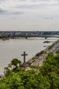 Stone cross on Gellert Hill with the River Danube, Budapest, Hun